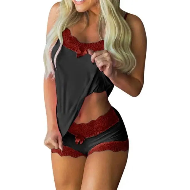 Pijamas de seda para mulheres Conjuntos de pijamas de 2 peças Roupa íntima de renda de verão Ternos de pijama Shorts Breve Roupa de dormir sexy Roupa de laço para mulheres O Badalo do sino