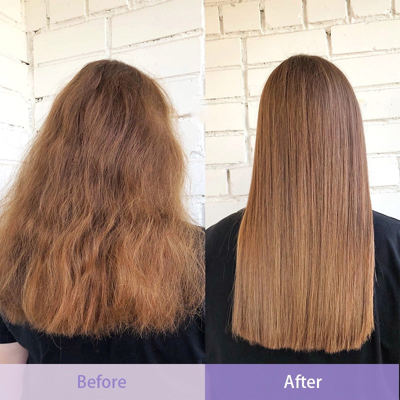 Antes e depois do uso do tratamento para cabelos secos da PURC com cabelo liso e saudável