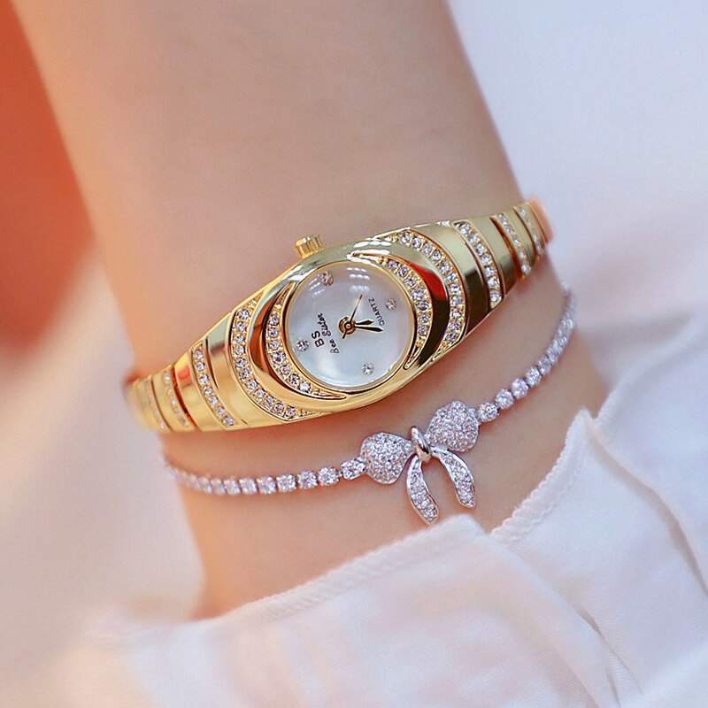 Relógio de aço inoxidável feminino BEE SISTER BS com design elegante e detalhes em pedras brilhantes