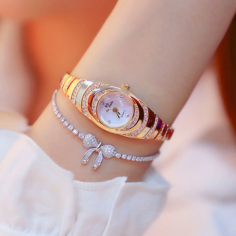 Relógio de aço inoxidável feminino BEE SISTER BS com design elegante e brilhantes, ideal para ocasiões especiais