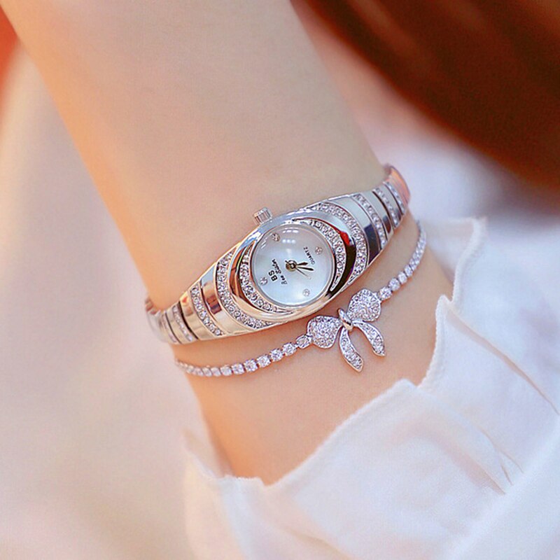 Relógio de aço inoxidável feminino BEE SISTER BS com detalhes em cristais e design elegante