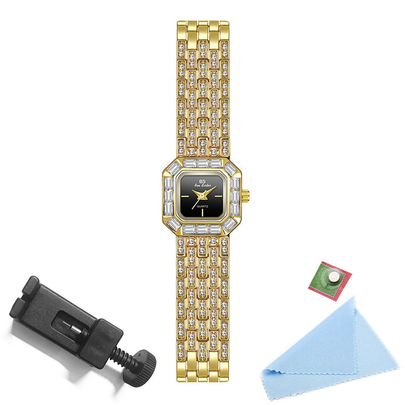 Relógio de pulso com diamantes BEE SISTER em dourado com mostrador preto e pulseira brilhante