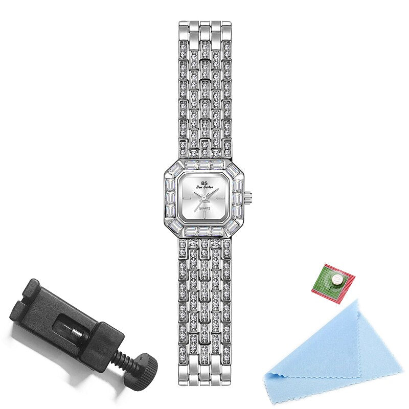 Relógio de pulso com diamantes da BEE SISTER, elegante e sofisticado com acabamento prateado