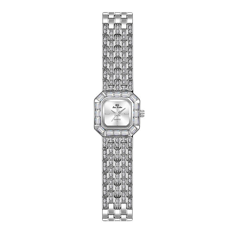Relógio de pulso com diamantes da BEE SISTER, design elegante em prata com mostrador quadrado.