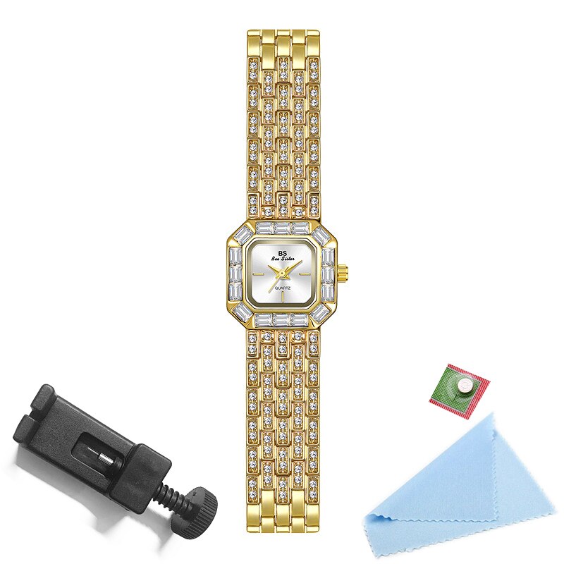 Relógio de pulso feminino BEE SISTER com diamantes e pulseira dourada elegante