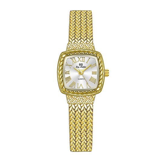 Relógio feminino dourado BEE SISTER com mostrador quadrado e pulseira trançada para estilo elegante