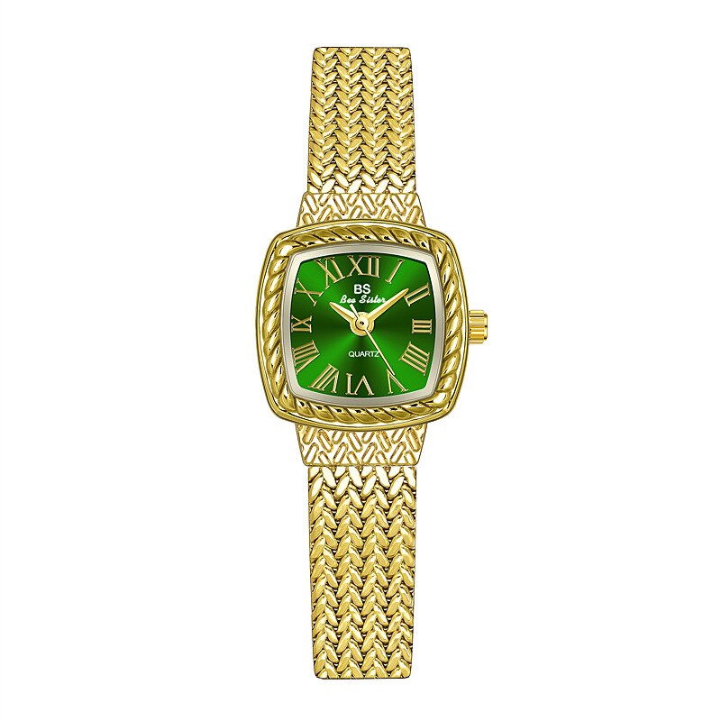 Relógio feminino dourado da BEE SISTER com mostrador verde e pulseira trançada de metal