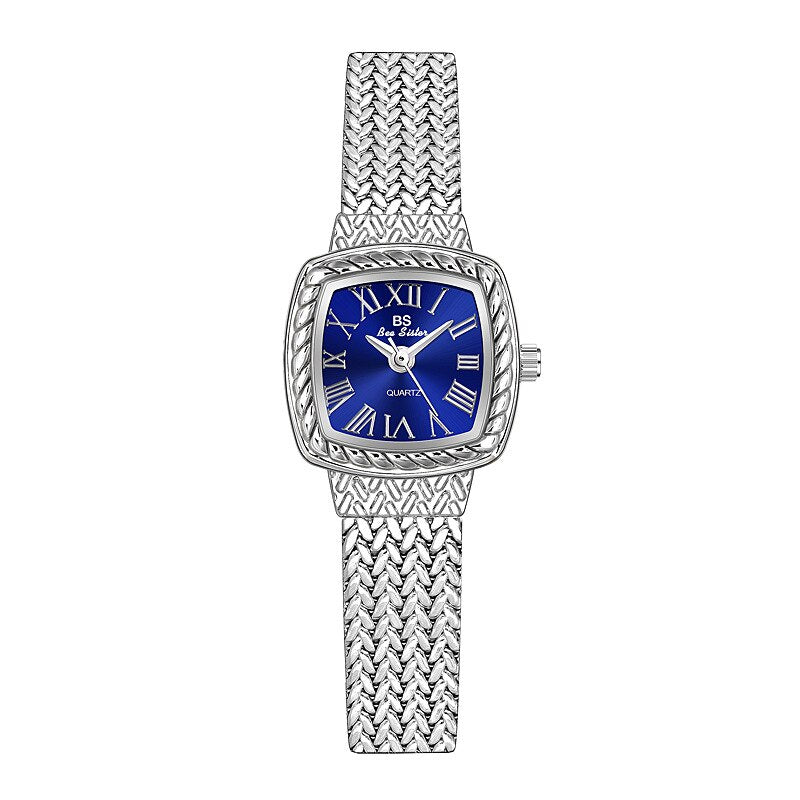 Relógio feminino dourado da BEE SISTER com mostrador azul e pulseira em prata trançada