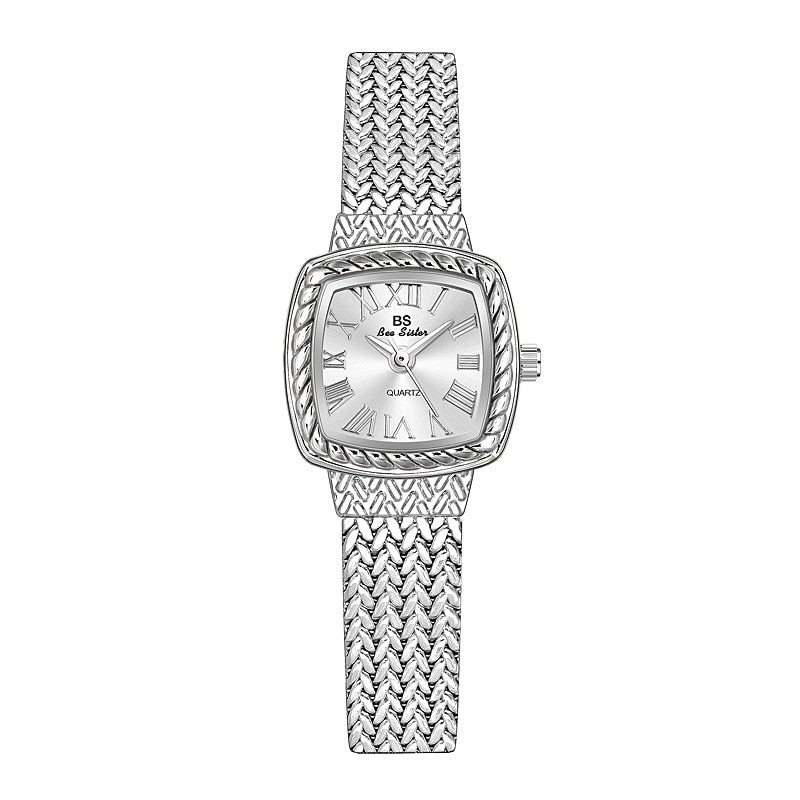 Relógio feminino dourado BEE SISTER com mostrador prateado e pulseira de malha estilizada