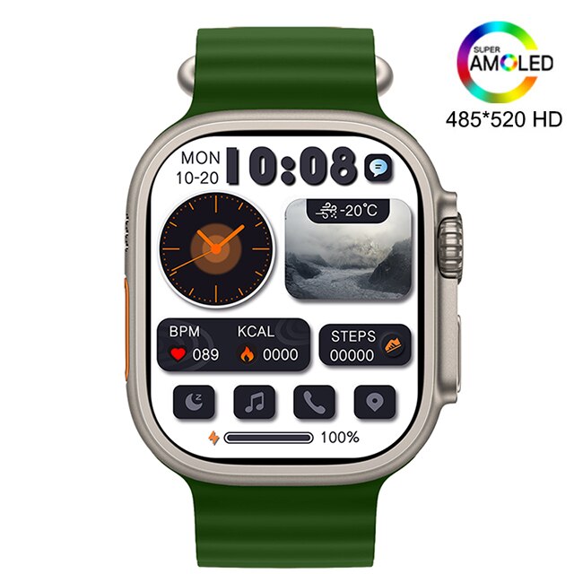Relógio HK8 Pro Max ZODVBOZ com tela HD Super AMOLED e pulseira verde resistente à água