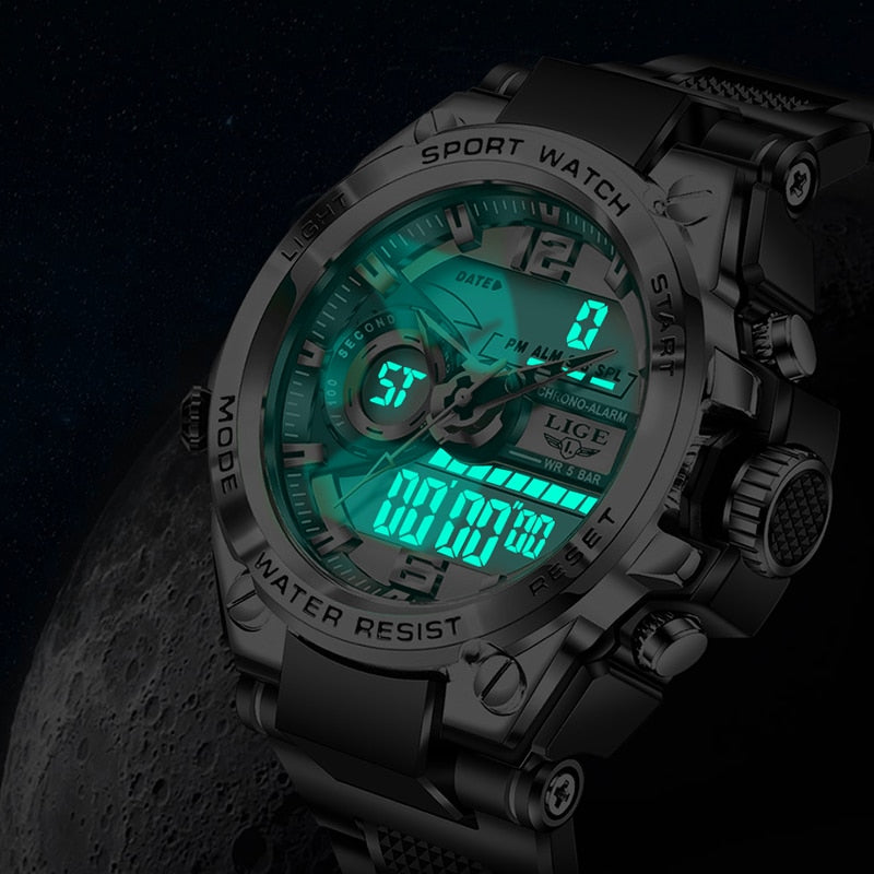 Relógio masculino resistente 50m da LIGE com display digital e iluminação verde para uso esportivo