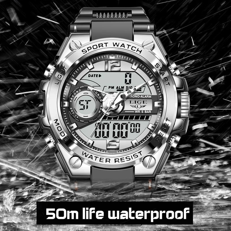 Relógio masculino resistente 50m da LIGE, ideal para esportes aquáticos e atividades ao ar livre.