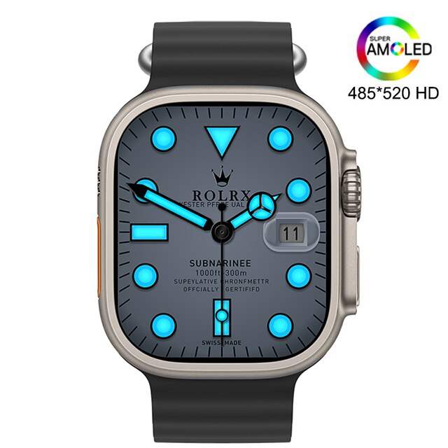 Relógio HK8 Pro Max masculino com mostrador azul e pulseira de borracha para estilo moderno