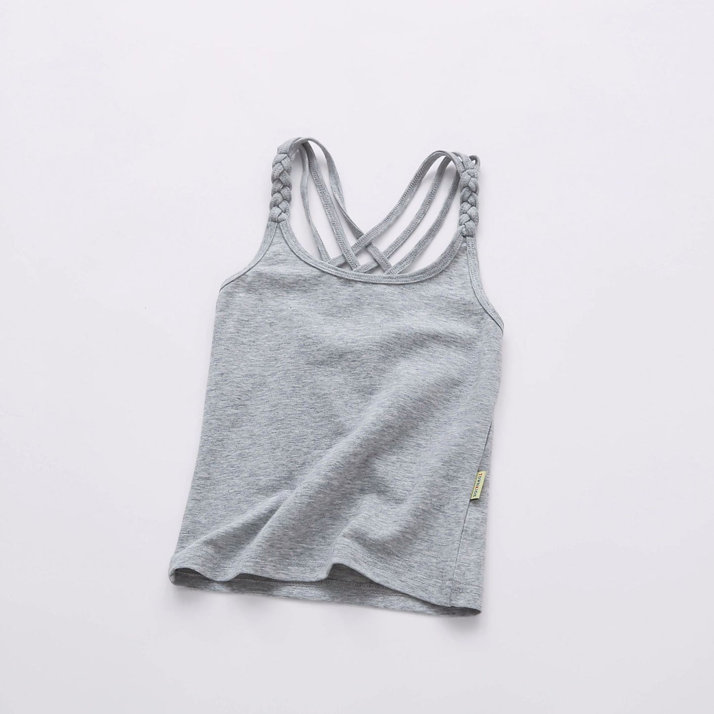 Camisola esportiva para meninas em cinza com alças trançadas e confortável para atividades ao ar livre