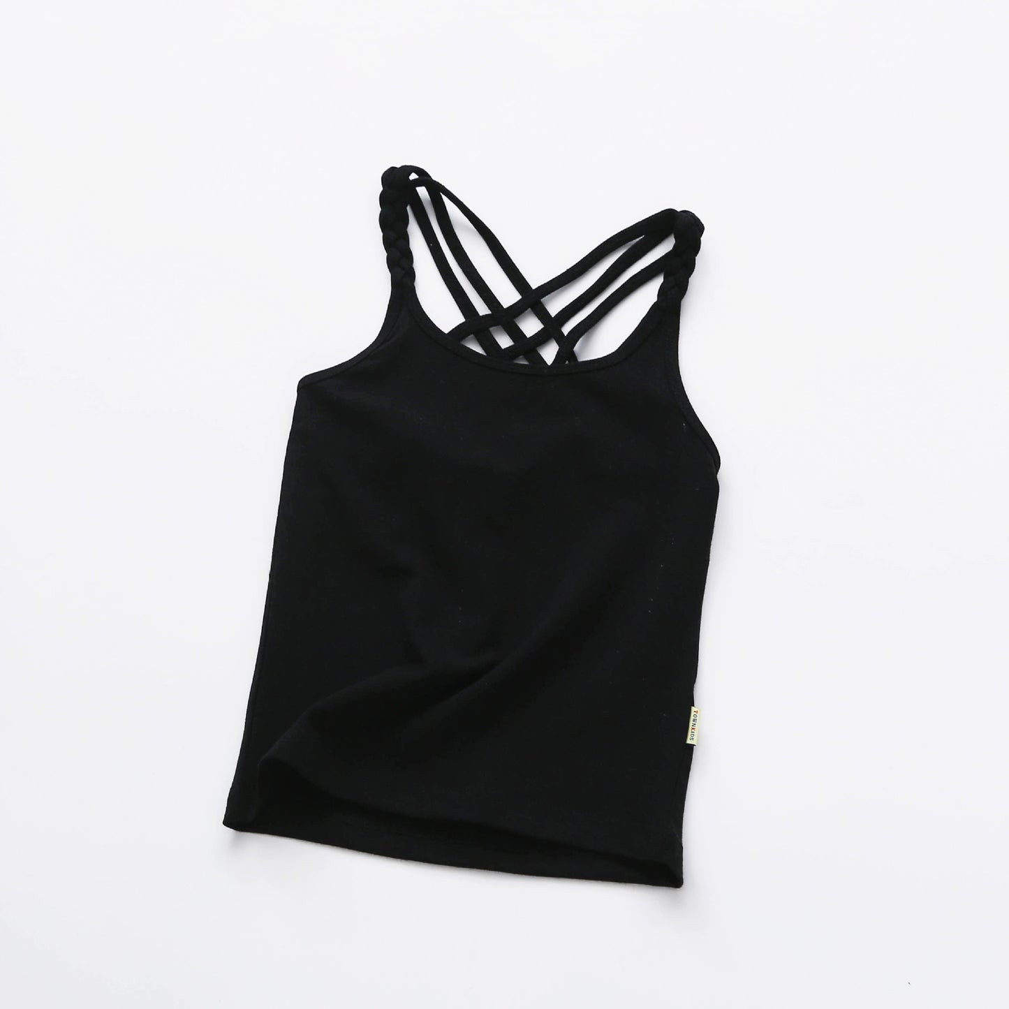 Camisola esportiva para meninas em preto com alças cruzadas e design confortável para uso diário