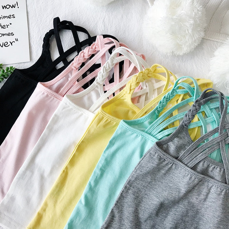 Camisolas esportivas para meninas da V-TREE em várias cores com alças cruzadas, ideais para atividades físicas