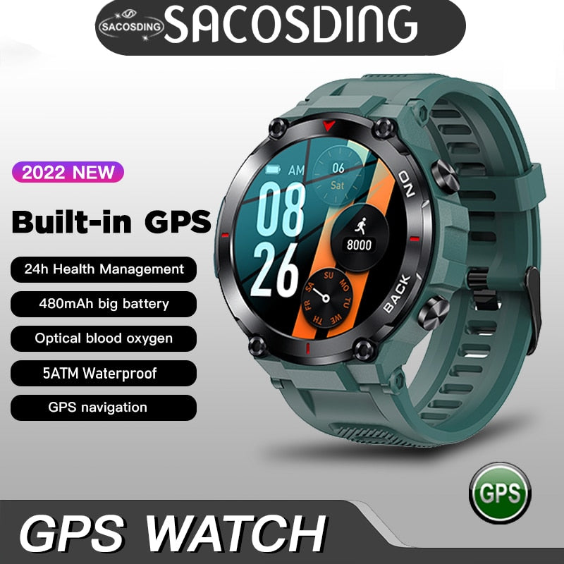 Relógio de pulso masculino SACOSDING smartwatch com GPS, 480mAh, 5ATM à prova d'água e monitoramento de saúde