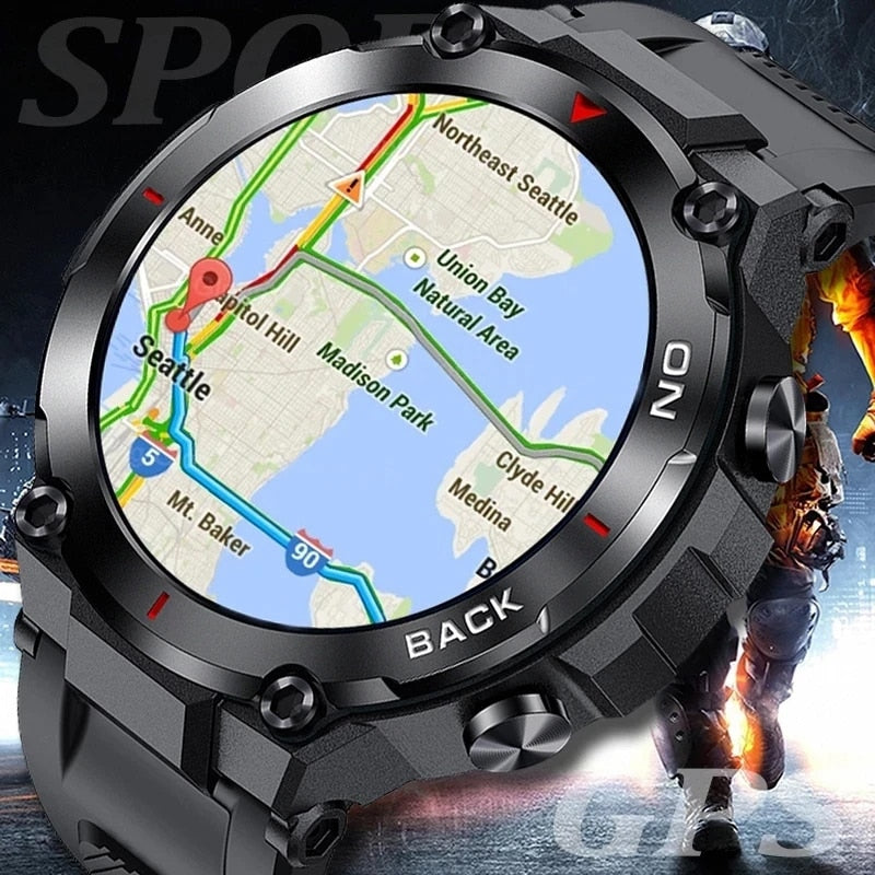 Smartwatch com GPS SACOSDING com tela circular e mapa da cidade de Seattle visível no mostrador