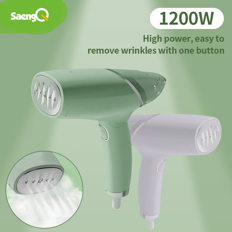 Ferro a vapor SAENGQ 1200W em verde e branco, ideal como vaporizador para roupas com botão de fácil uso