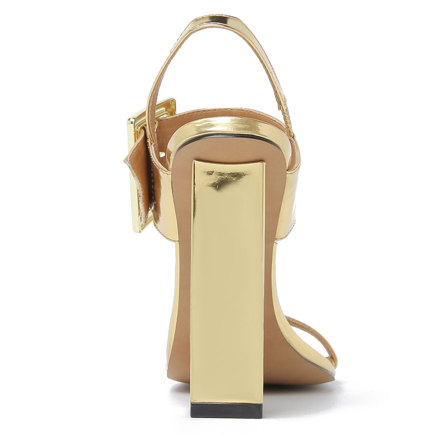 Sapatos femininos festa da TOE CLEAVAGE com salto grosso dourado e detalhe elegante
