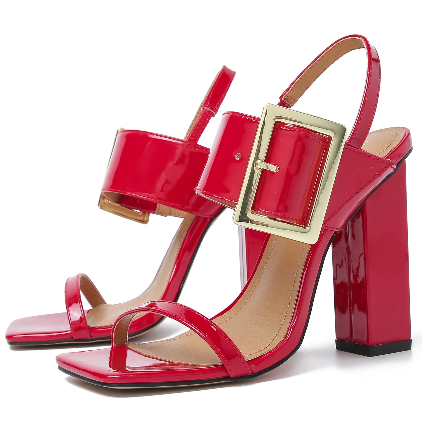 Sapatos femininos festa TOE CLEAVAGE em verniz vermelho com salto quadrado e fivela elegante