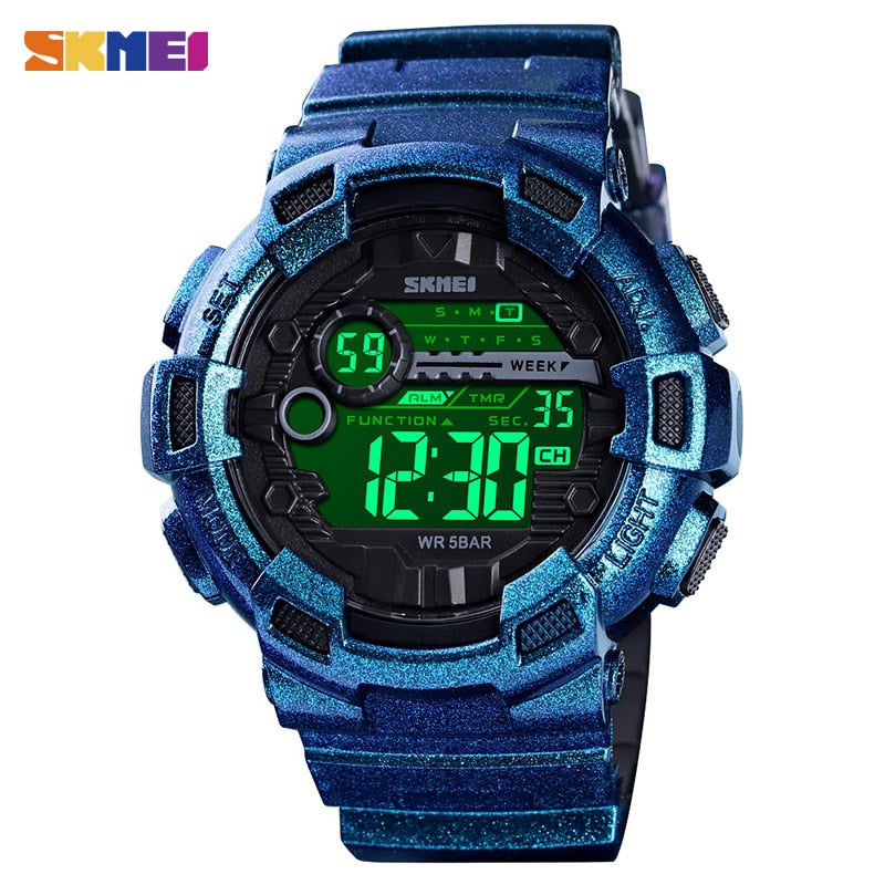 Relógio eletrônico esportivo masculino SKMEI com cronógrafo display LED em azul, resistente à água e funcional