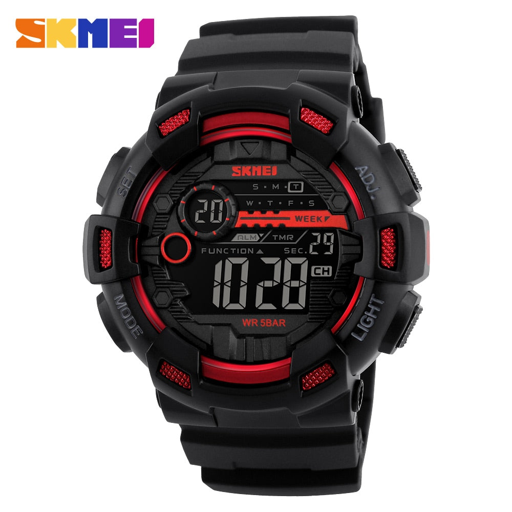 Relógio esportivo masculino SKMEI com cronógrafo display LED e design robusto em preto e vermelho