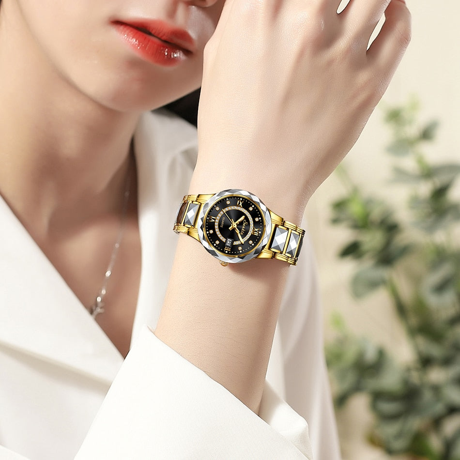 Conjunto relógio e pulseira feminino LIGE com mostrador elegante e detalhes em dourado