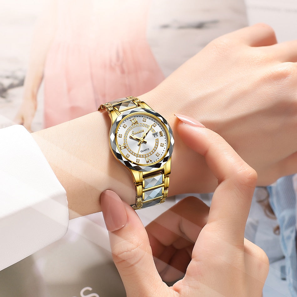 Conjunto relógio e pulseira feminino LIGE com design elegante e visor dourado para uso diário