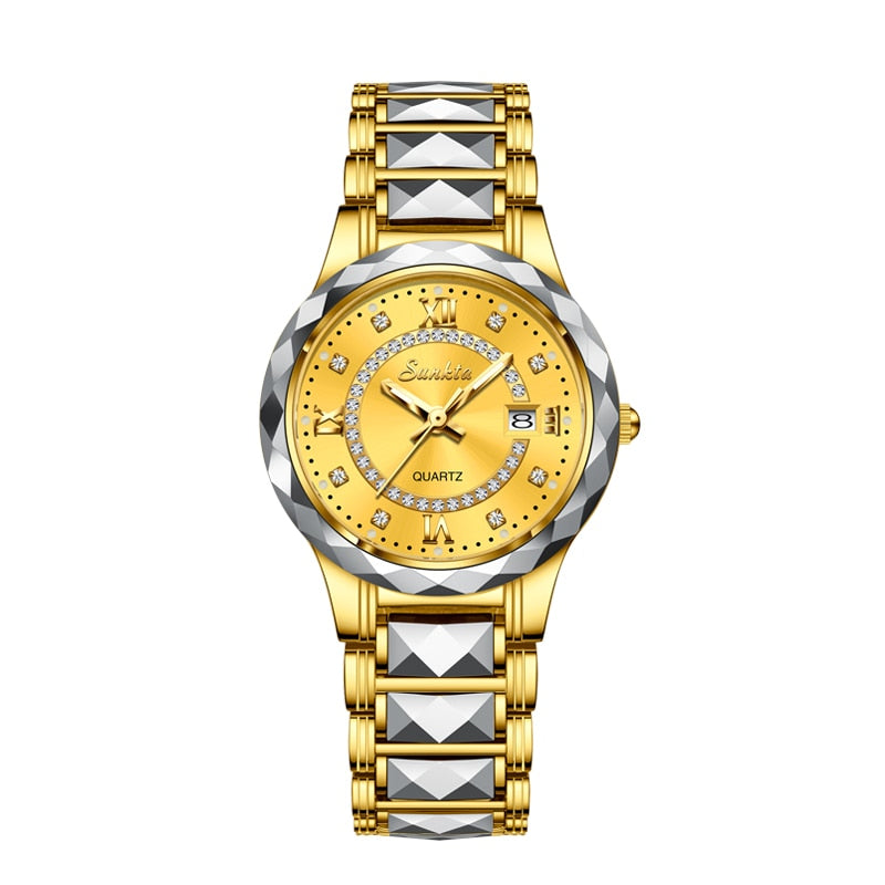 Relógio de pulso feminino LIGE em ouro com detalhes brilhantes, parte do conjunto relógio e pulseira feminino