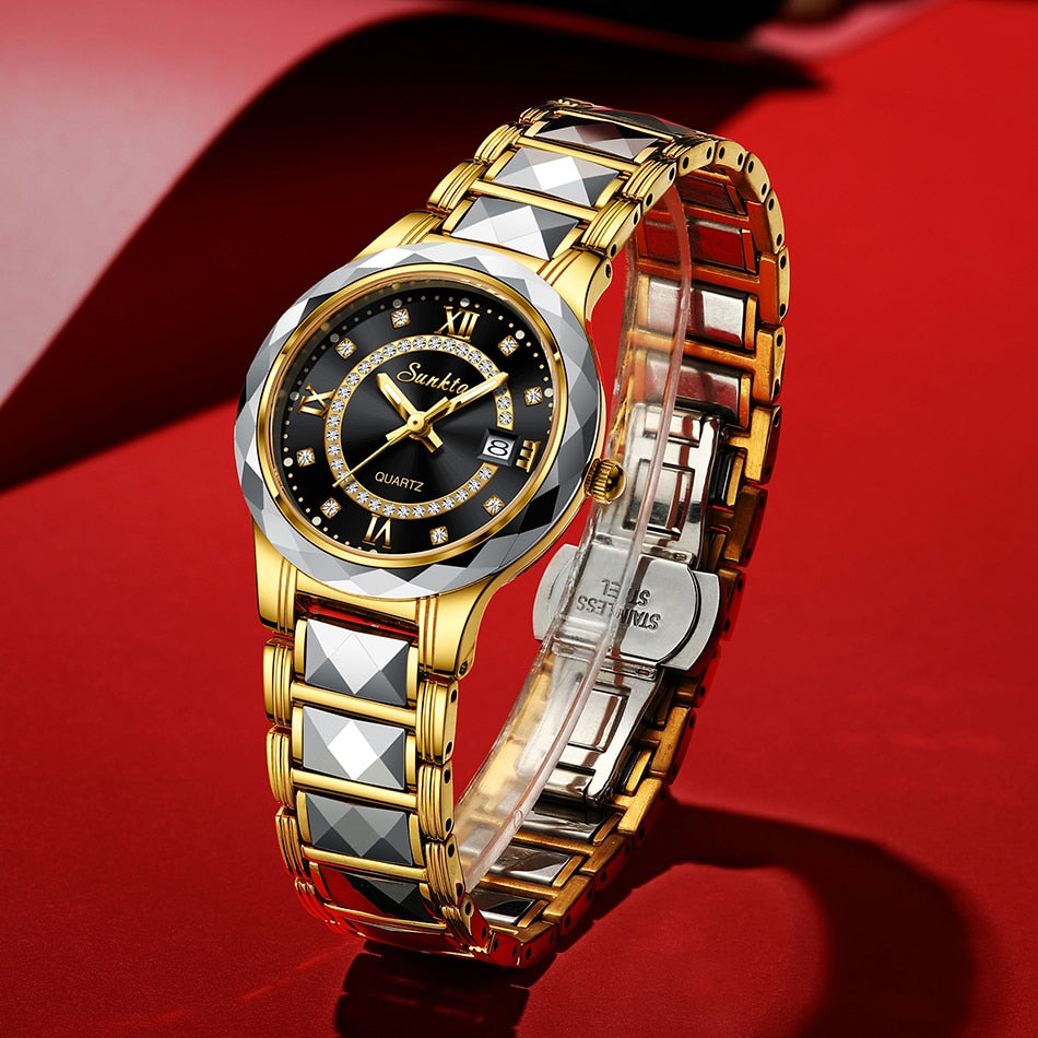Relógio de pulso feminino LIGE com pulseira dourada e mostrador preto, conjunto relógio e pulseira feminino