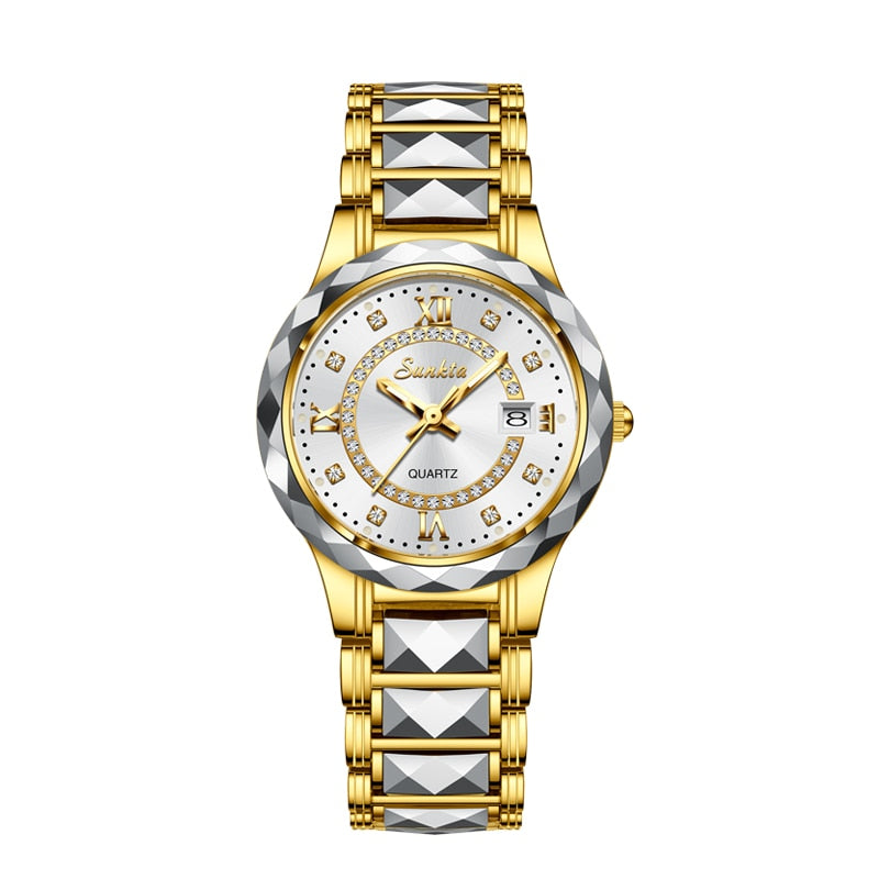 Conjunto relógio e pulseira feminino LIGE em dourado com design elegante e mostrador de cristal