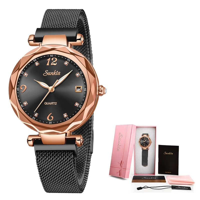 Relรณgio quartzo moda feminina LIGE com mostrador preto e pulseira de malha em rose gold, acompanhado de embalagem elegante