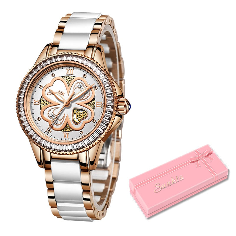 Relรณgio quartzo moda feminina LIGE com design elegante em rosa e branco, caixa decorada e pulseira de metal