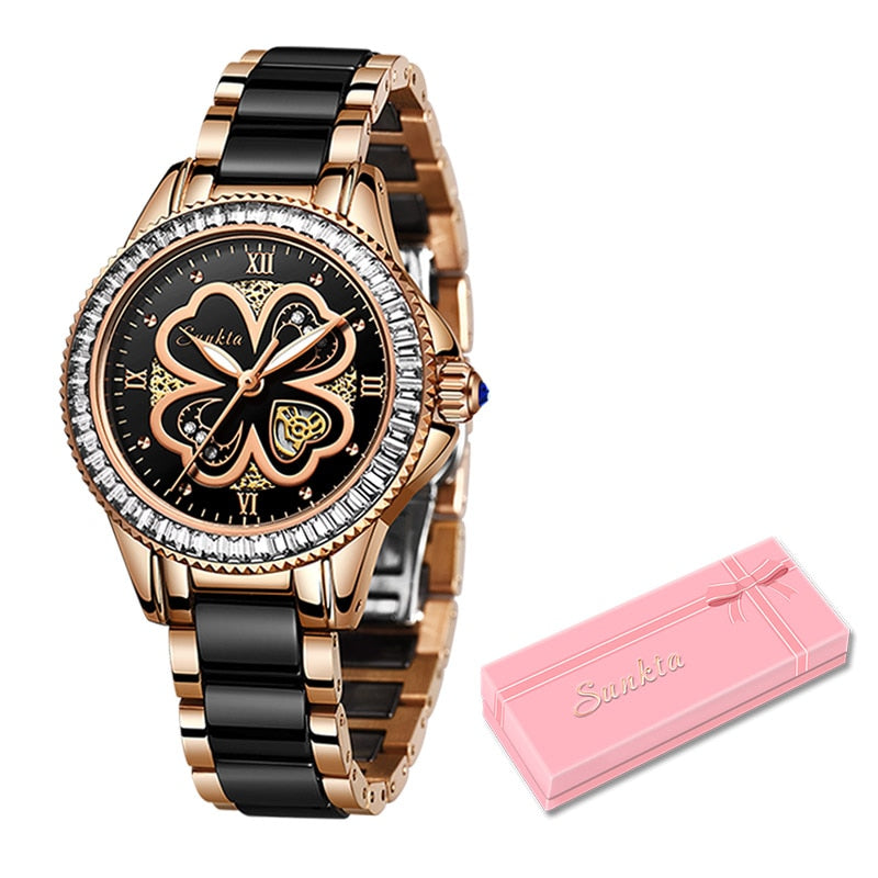 Relรณgio quartzo moda feminina LIGE com detalhes em dourado e preto, ideal para ocasiรตes elegantes
