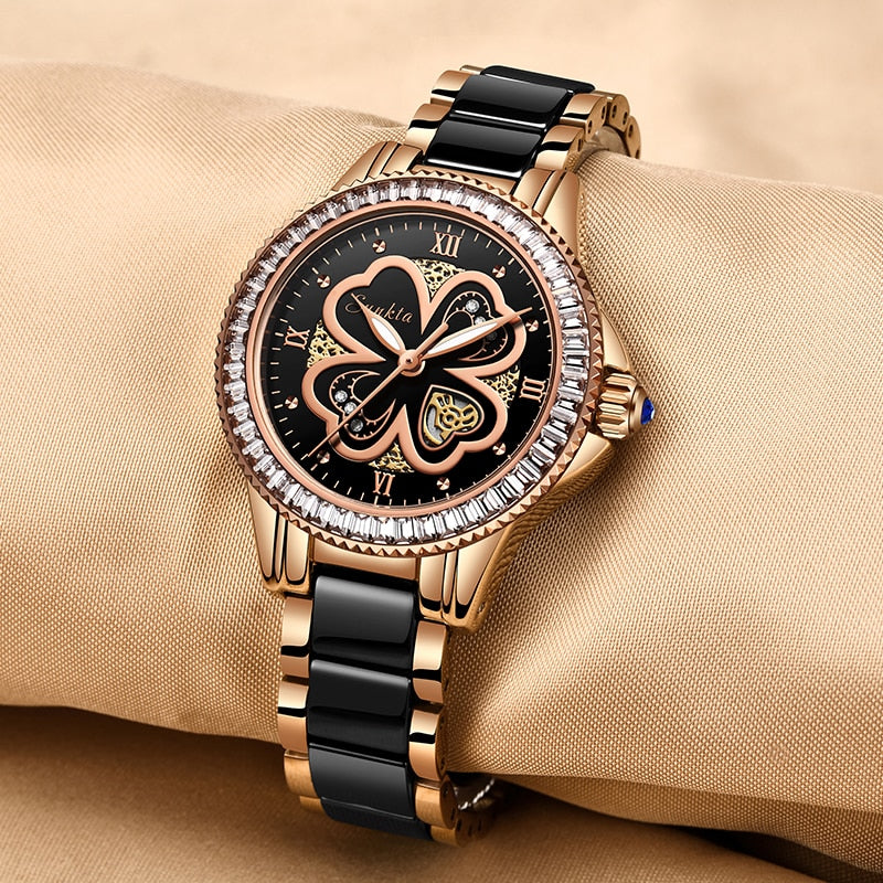 Relรณgio quartzo moda feminina LIGE com design elegante e detalhes em dourado e preto