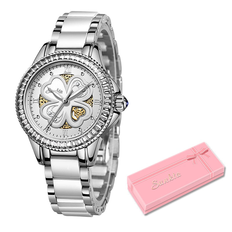 Relรณgio quartzo moda feminina LIGE com design elegante e caixa prateada, acompanhado de embalagem rosa.