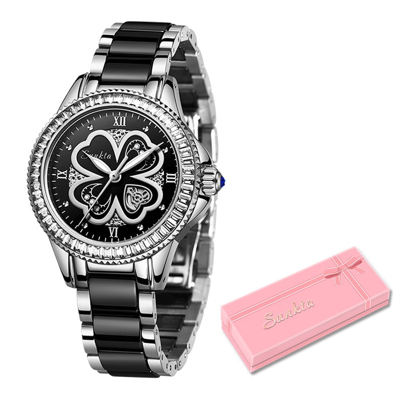 Relรณgio quartzo moda feminina LIGE com design elegante em preto e prateado, acompanhado de embalagem rosa