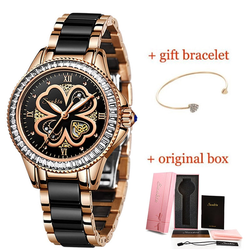 Relรณgio quartzo moda feminina da LIGE em dourado e preto, inclui bracelete de presente e caixa original