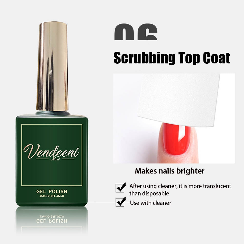 Gel de reforço fosco Vendeeni para acabamento de revestimento de unhas, proporciona brilho e durabilidade.