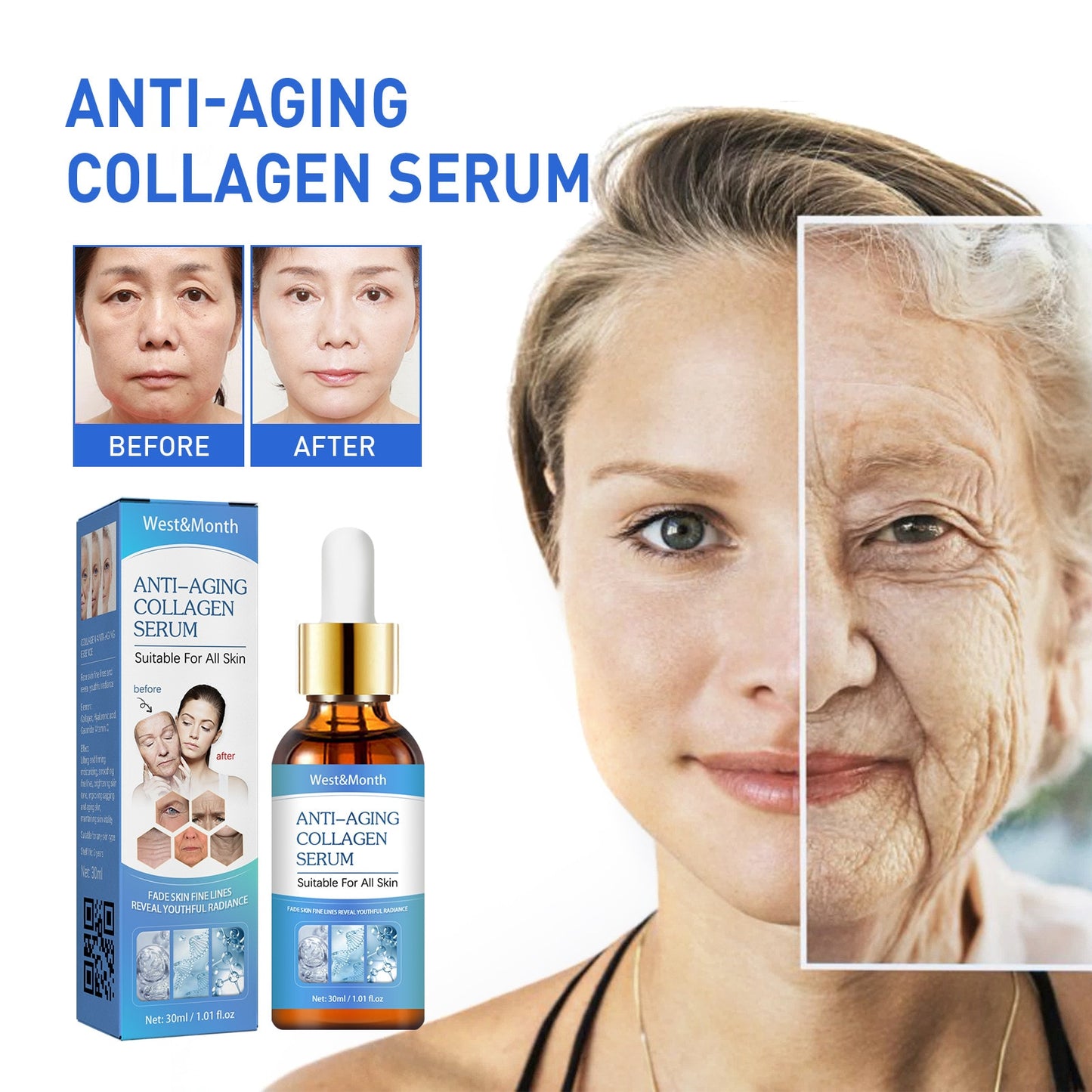 Soro facial antienvelhecimento LANBENA com resultados visíveis em antes e depois para todos os tipos de pele