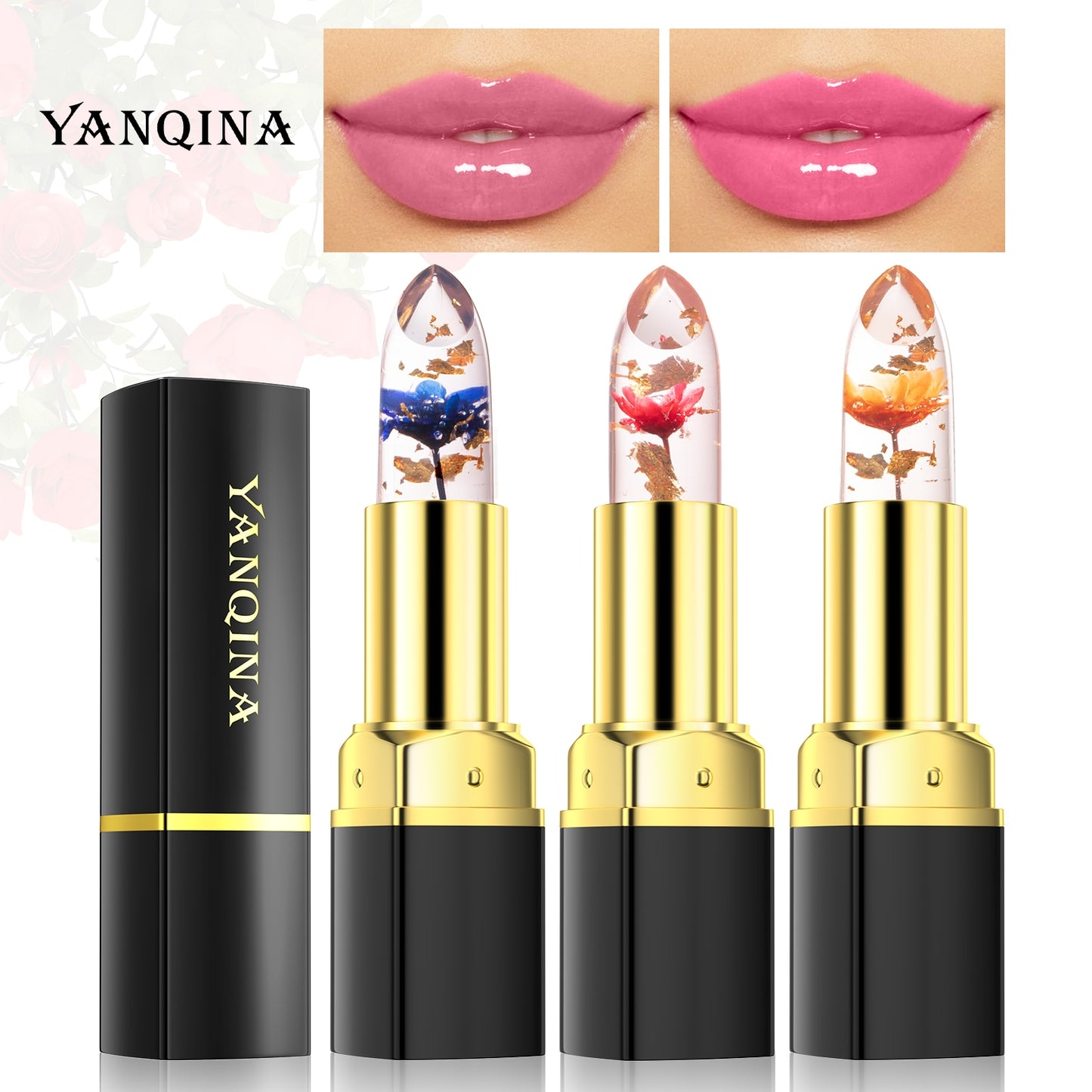 Batom Magia Mudando Cor da YANQINA com flores coloridas dentro do tubo e tons de rosa nos lábios