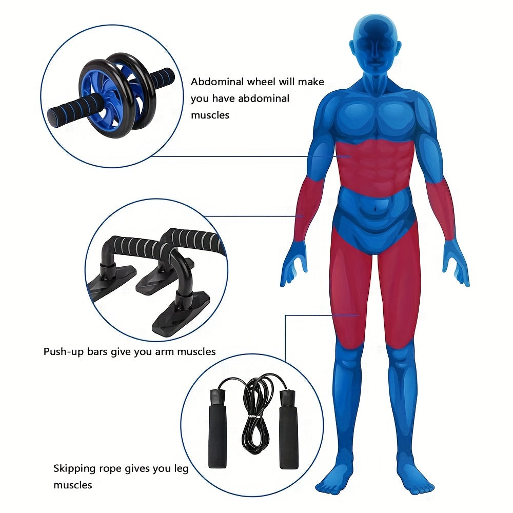 Conjunto de Equipamentos de Ginástica Universal, Inclui Roda Abdominal, Barra de Flexões, Fortalecedor de Pegada, Corda de Pular