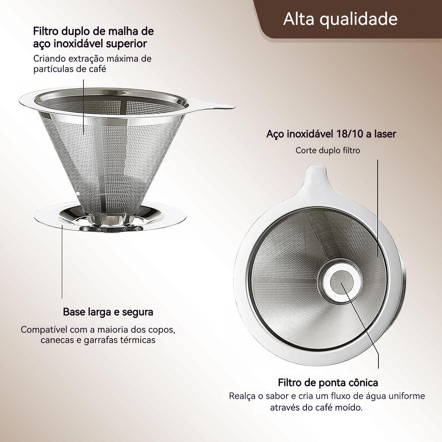 Filtro de café em aço inoxidável 304, dupla camada, reutilizável e lavável - Compatível com cafeteiras - Ideal para amantes de café