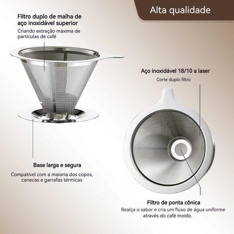 Filtro de café em aço inoxidável 304, dupla camada, reutilizável e lavável - Compatível com cafeteiras - Ideal para amantes de café