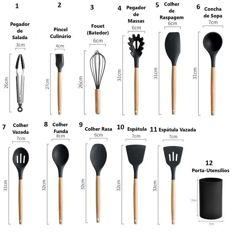 Kit Conjunto de Utensílios de Cozinha C/12 Peças de Silicone  Suporte Cabo Madeira