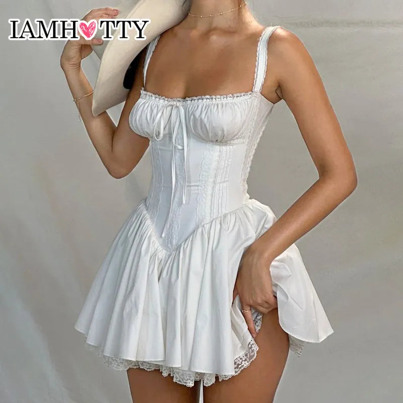 Vestidos de alta qualidade painel de renda uma linha vestido branco coquetel festa férias sem mangas mini espartilho vestidos elegante doce robe novo