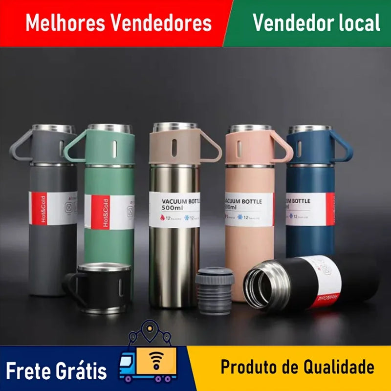 Kit Conjunto Garrafa Térmica Com Tampa & Xícaras Quente Frio Temporada 500ML - ÓTIMO PRESENTE NATALINO NATAL RAPIDO