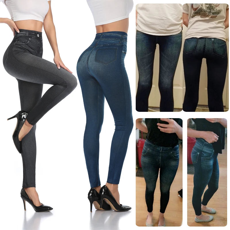 Calças legging feminina, cintura alta, falso denim, push up, sem costura, casual, elástico, bolso, jeans, lápis