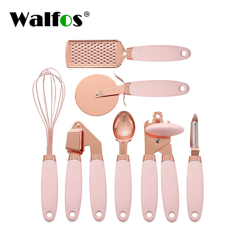 Conjunto de utensílio de cozinha Walfos 7 peças Utensílios de aço inoxidável revestido de cobre com toque suave ouro rosa Prensa de alho Cortador de pizza Walfos